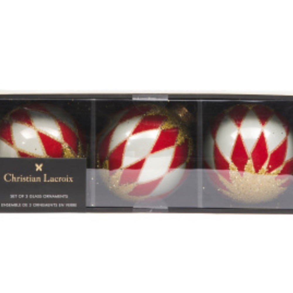 Christian Lacroix Festive Red White and Gold Harlequin Ornaments